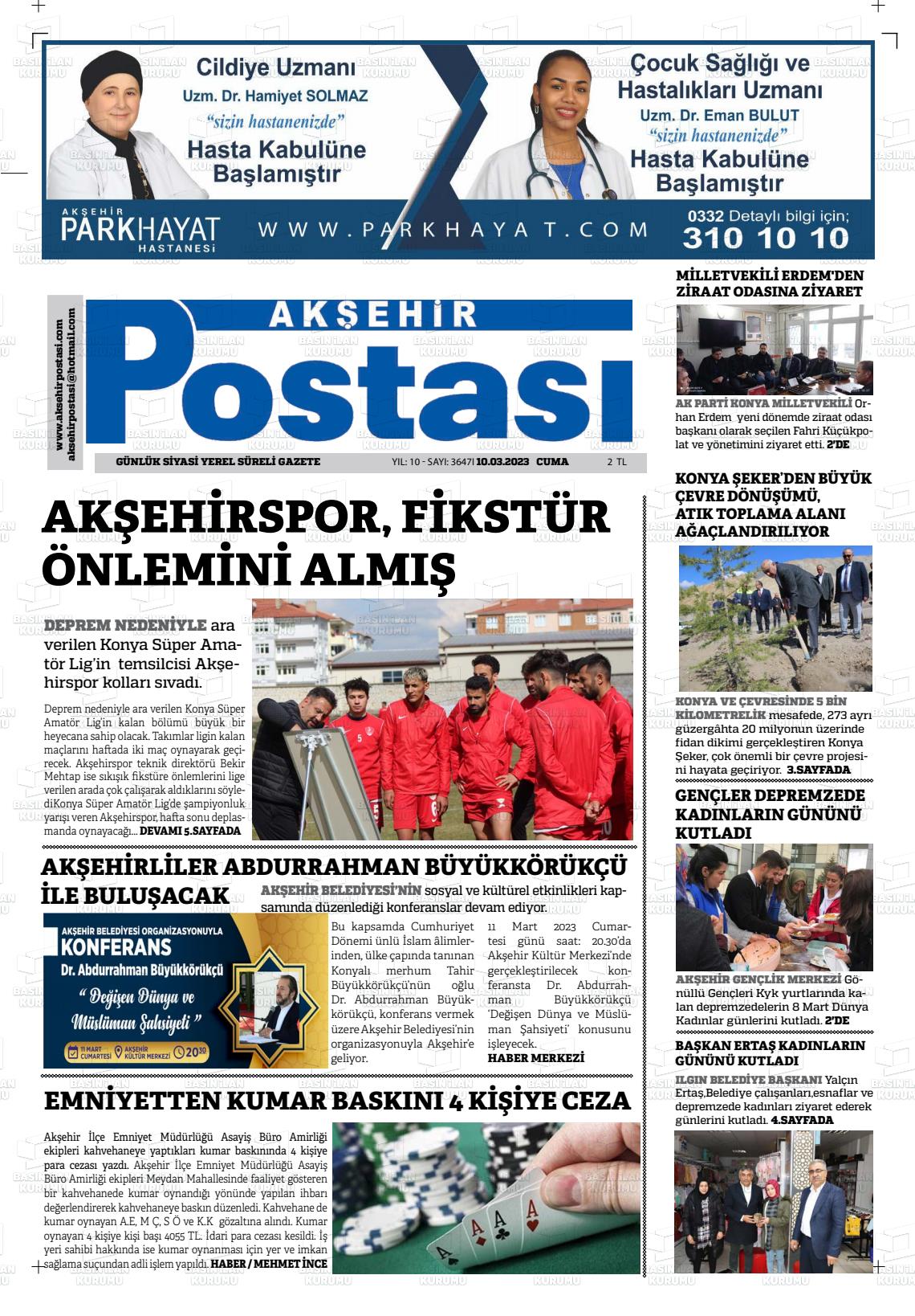 10 Mart 2023 Akşehir Postasi Gazete Manşeti