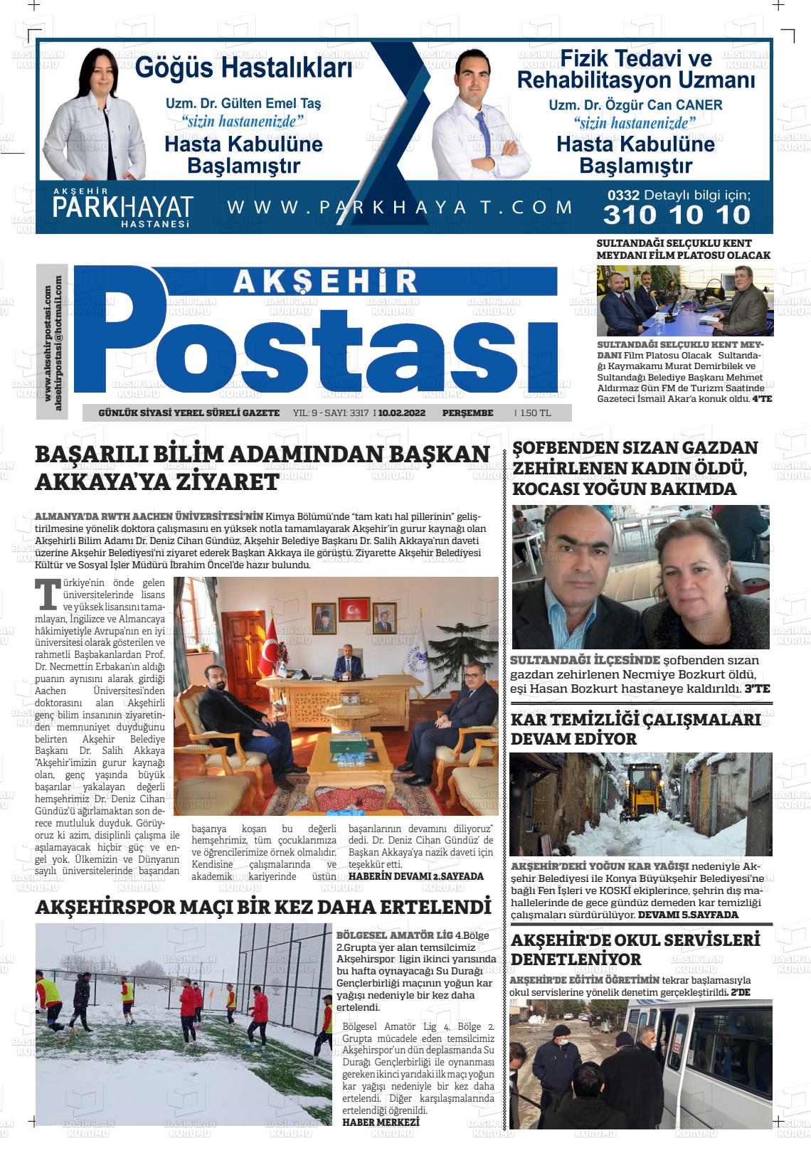 10 Şubat 2022 Akşehir Postasi Gazete Manşeti