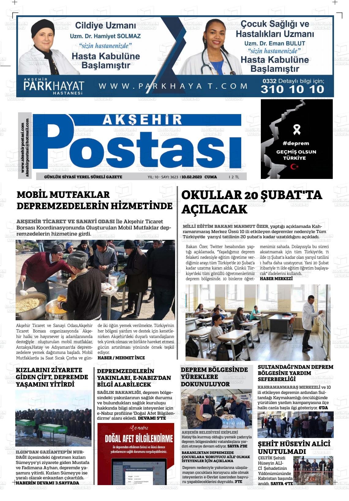 10 Şubat 2023 Akşehir Postasi Gazete Manşeti