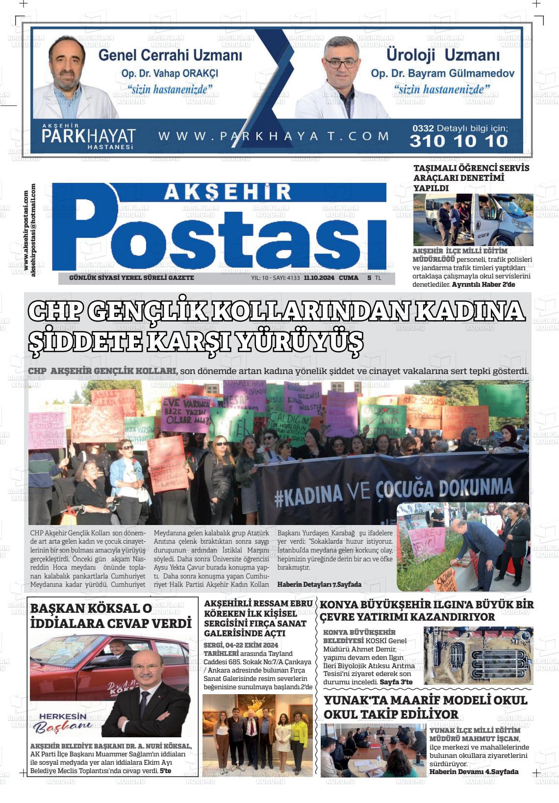 11 Ekim 2024 Akşehir Postasi Gazete Manşeti