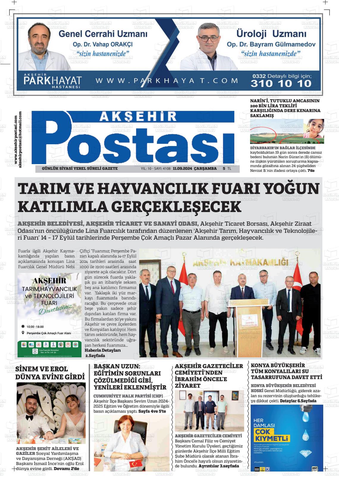 11 Eylül 2024 Akşehir Postasi Gazete Manşeti