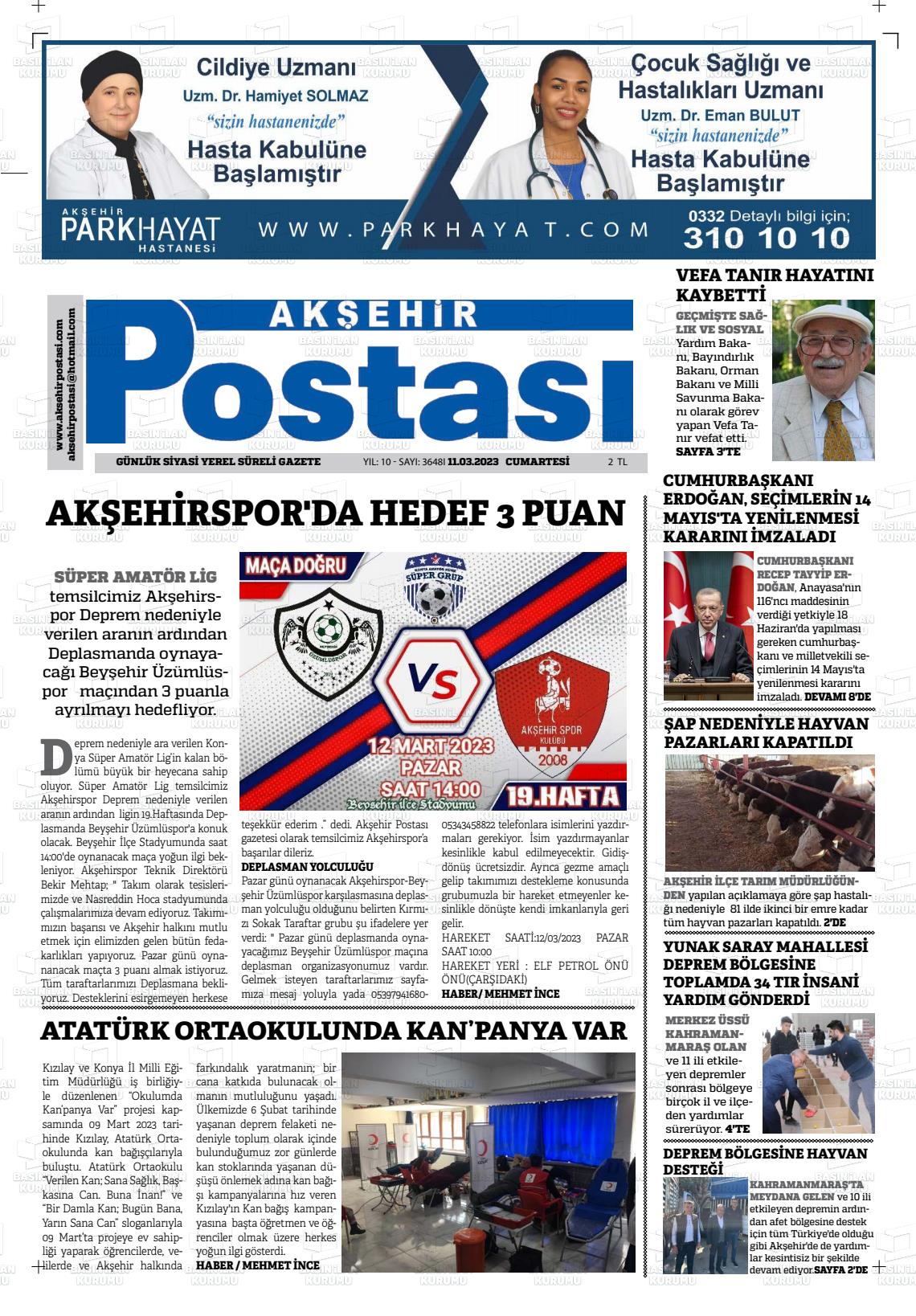 11 Mart 2023 Akşehir Postasi Gazete Manşeti