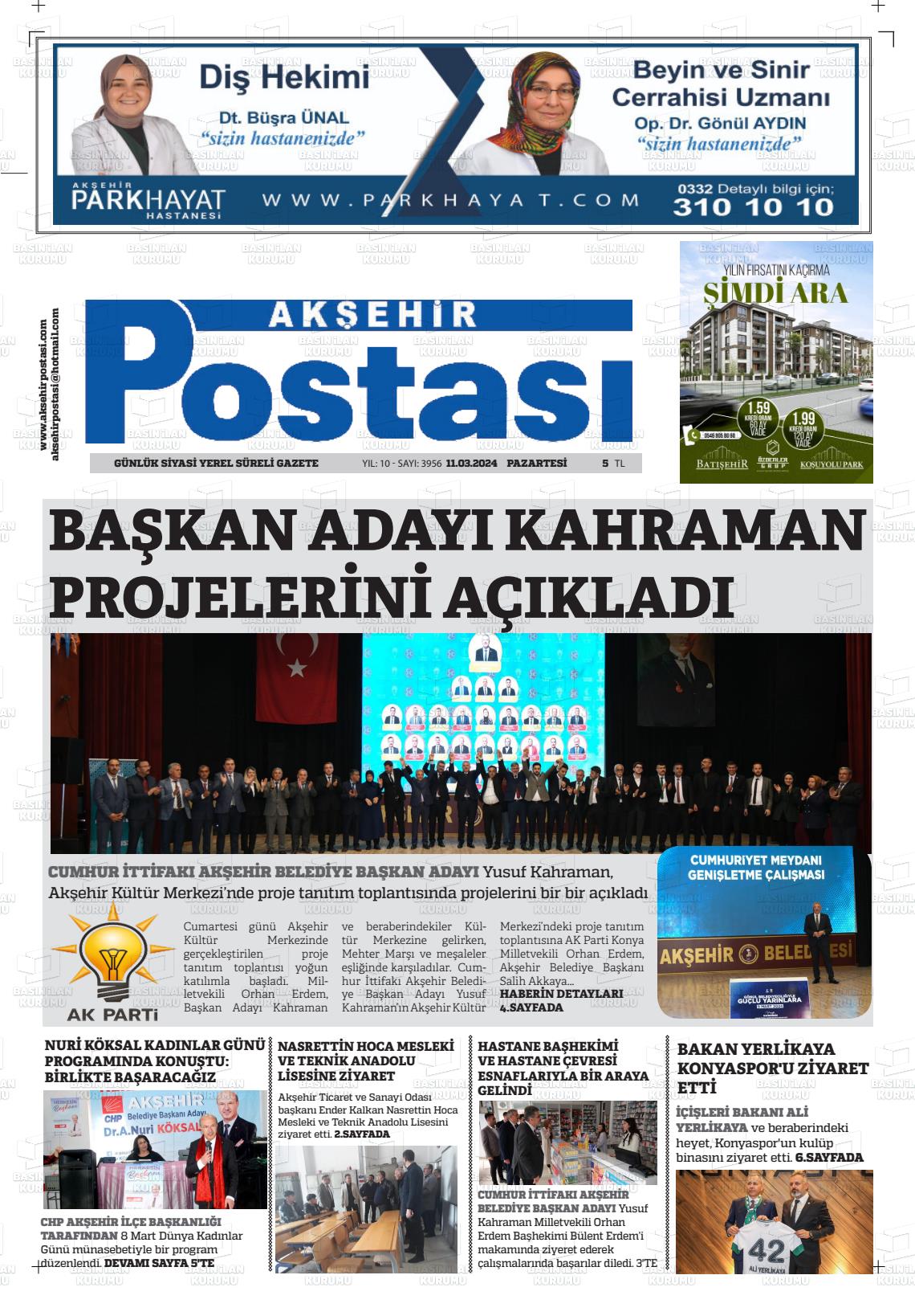 11 Mart 2024 Akşehir Postasi Gazete Manşeti