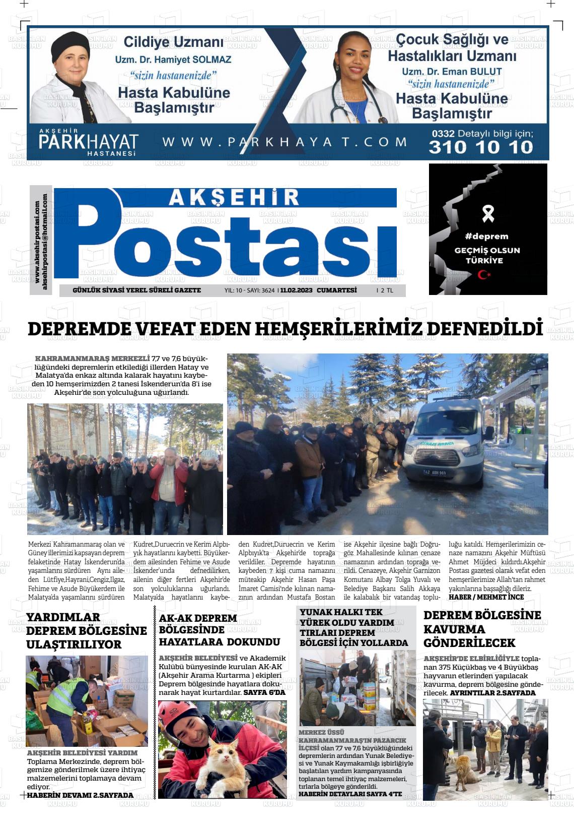 11 Nisan 2023 Akşehir Postasi Gazete Manşeti