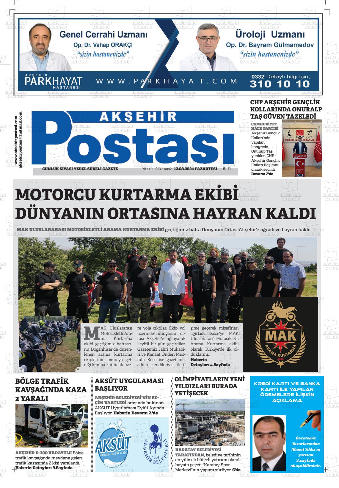 12 Ağustos 2024 Akşehir Postasi Gazete Manşeti