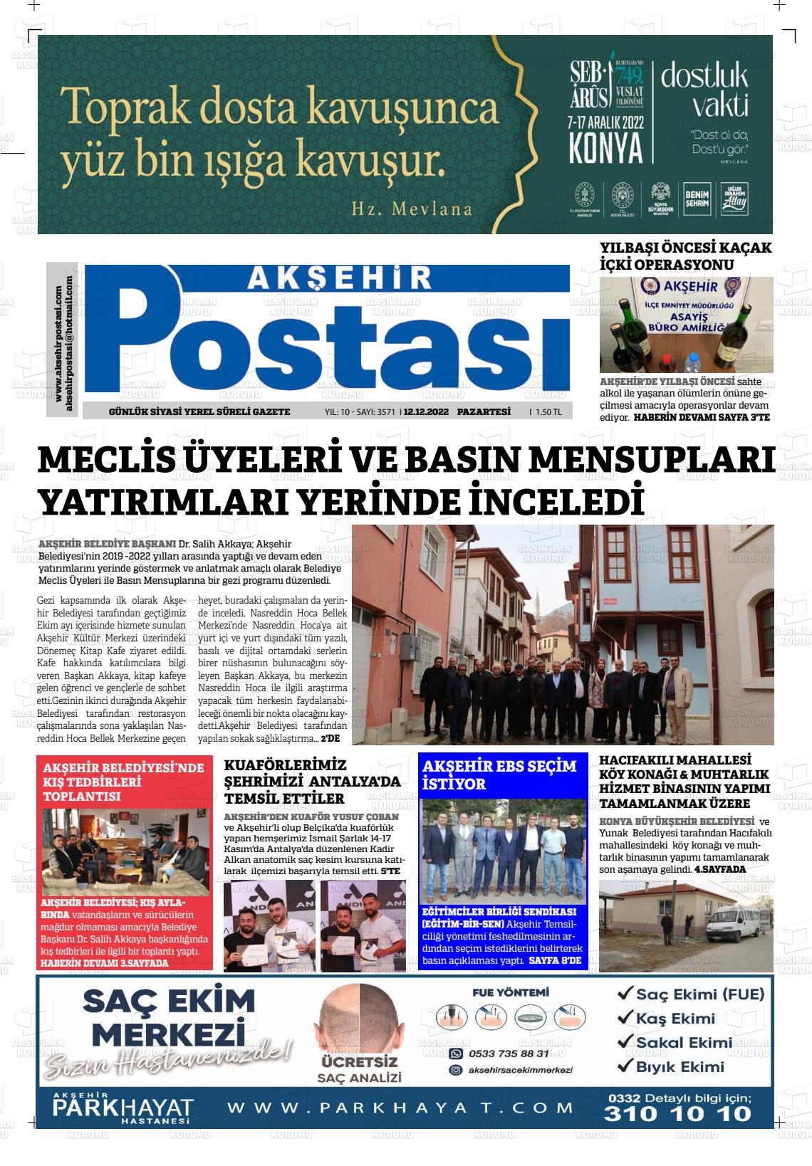 12 Aralık 2022 Akşehir Postasi Gazete Manşeti