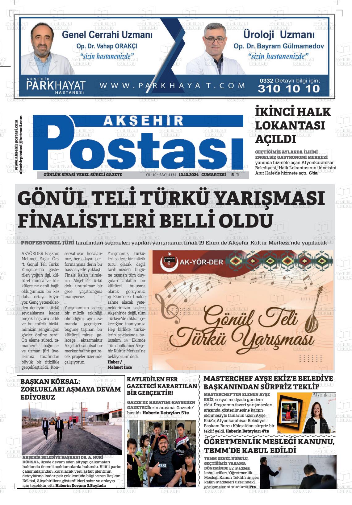 12 Ekim 2024 Akşehir Postasi Gazete Manşeti