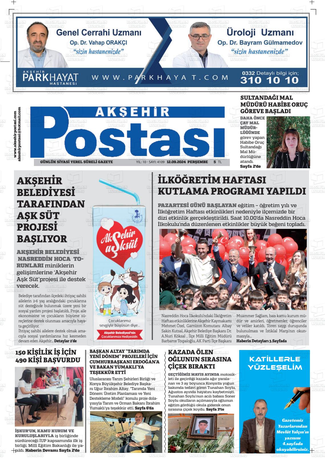 12 Eylül 2024 Akşehir Postasi Gazete Manşeti