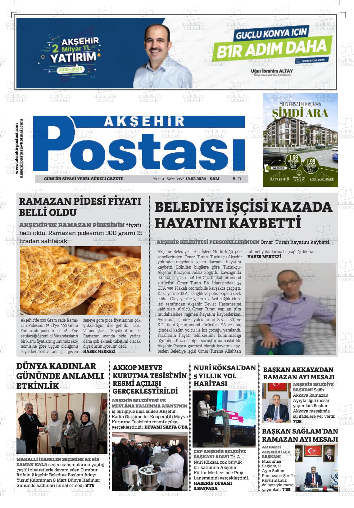 12 Mart 2024 Akşehir Postasi Gazete Manşeti