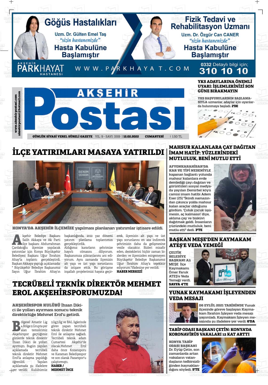 12 Şubat 2022 Akşehir Postasi Gazete Manşeti