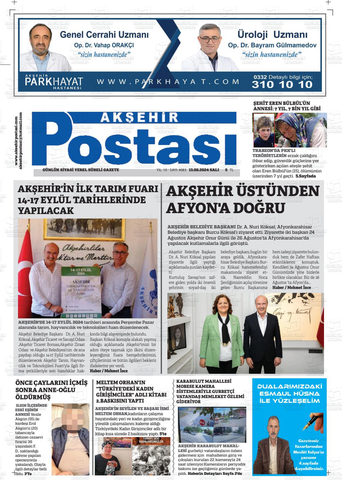 13 Ağustos 2024 Akşehir Postasi Gazete Manşeti