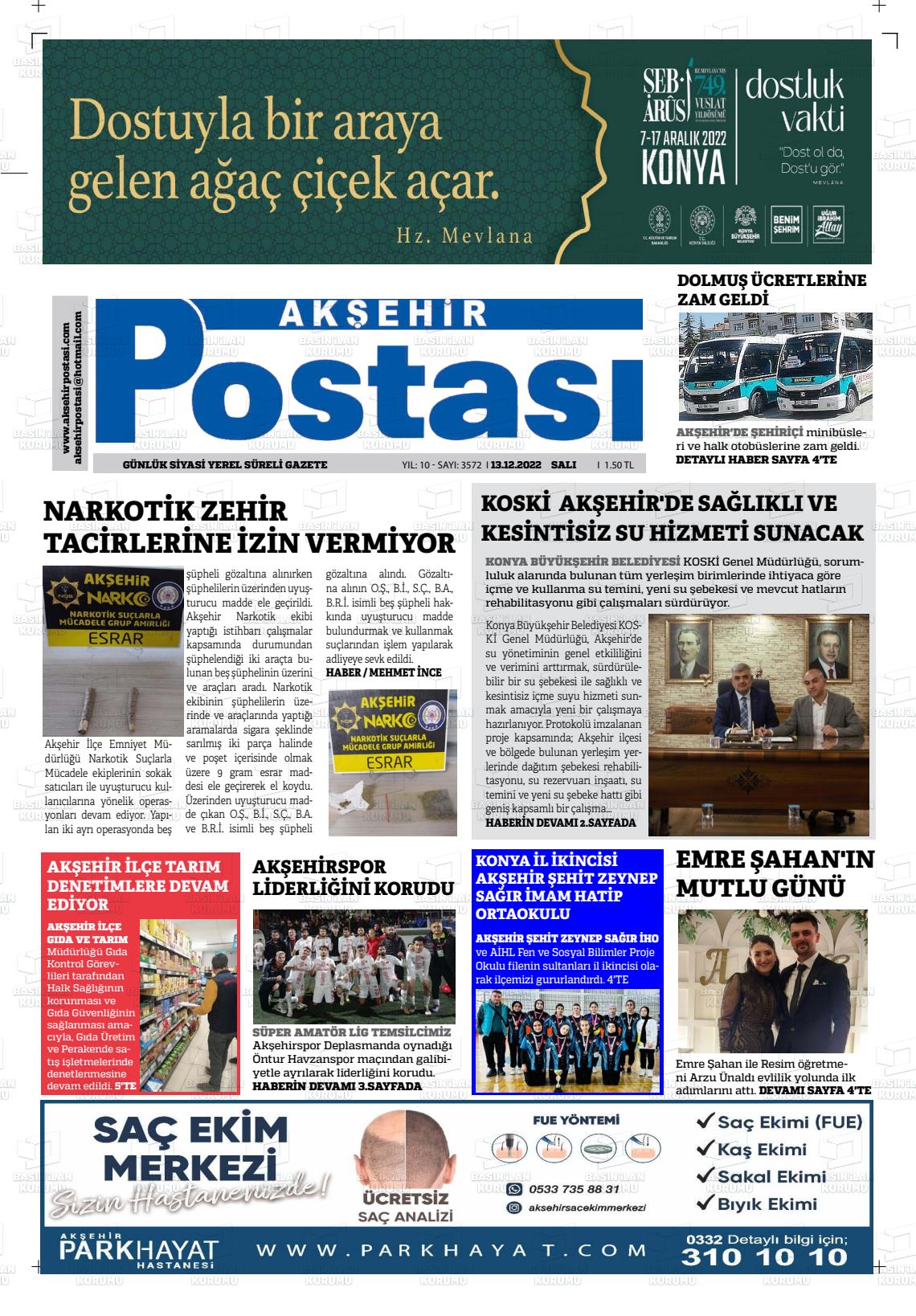 15 Aralık 2022 Akşehir Postasi Gazete Manşeti