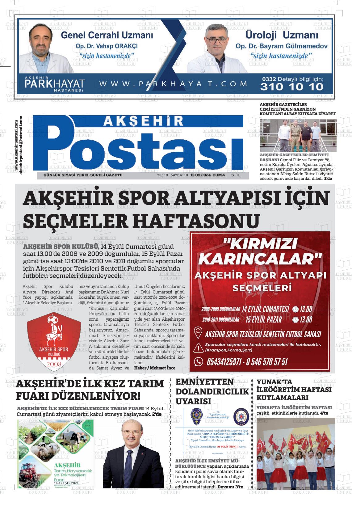 13 Eylül 2024 Akşehir Postasi Gazete Manşeti