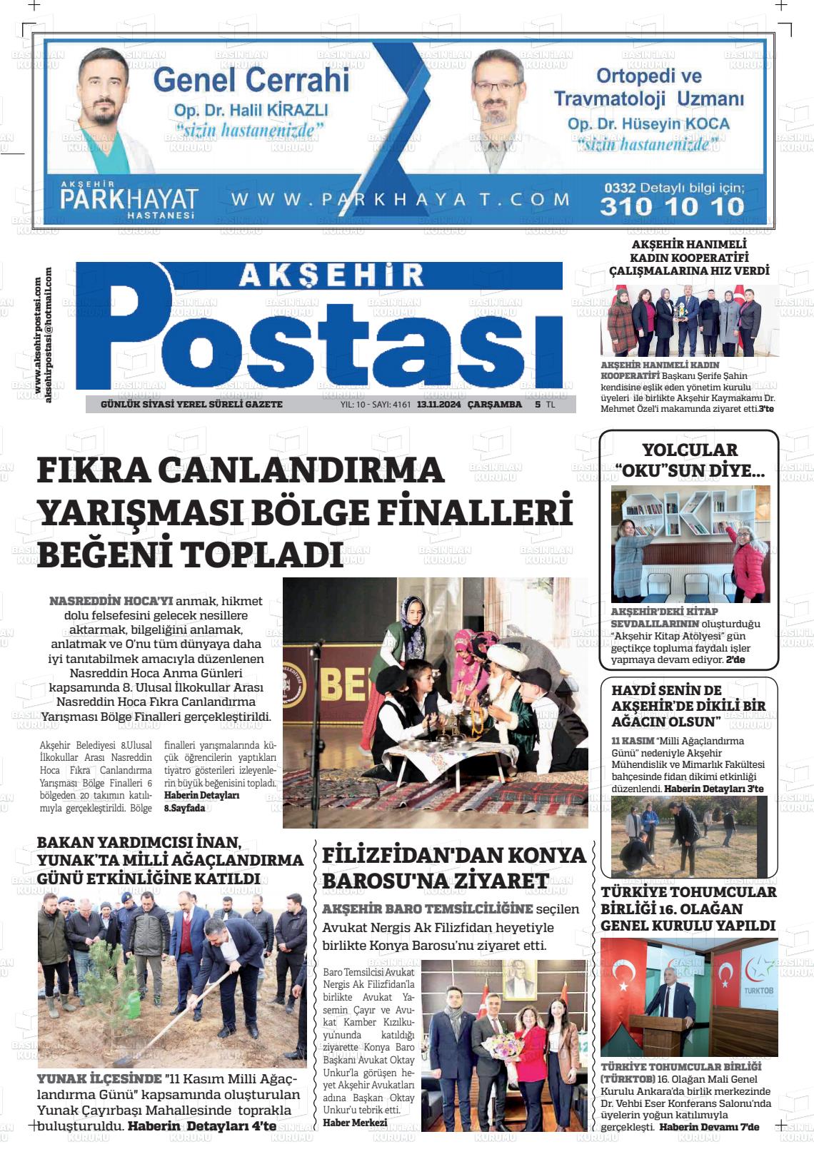 13 Kasım 2024 Akşehir Postasi Gazete Manşeti