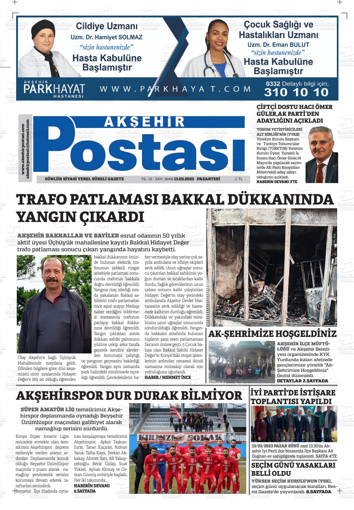 13 Mart 2023 Akşehir Postasi Gazete Manşeti