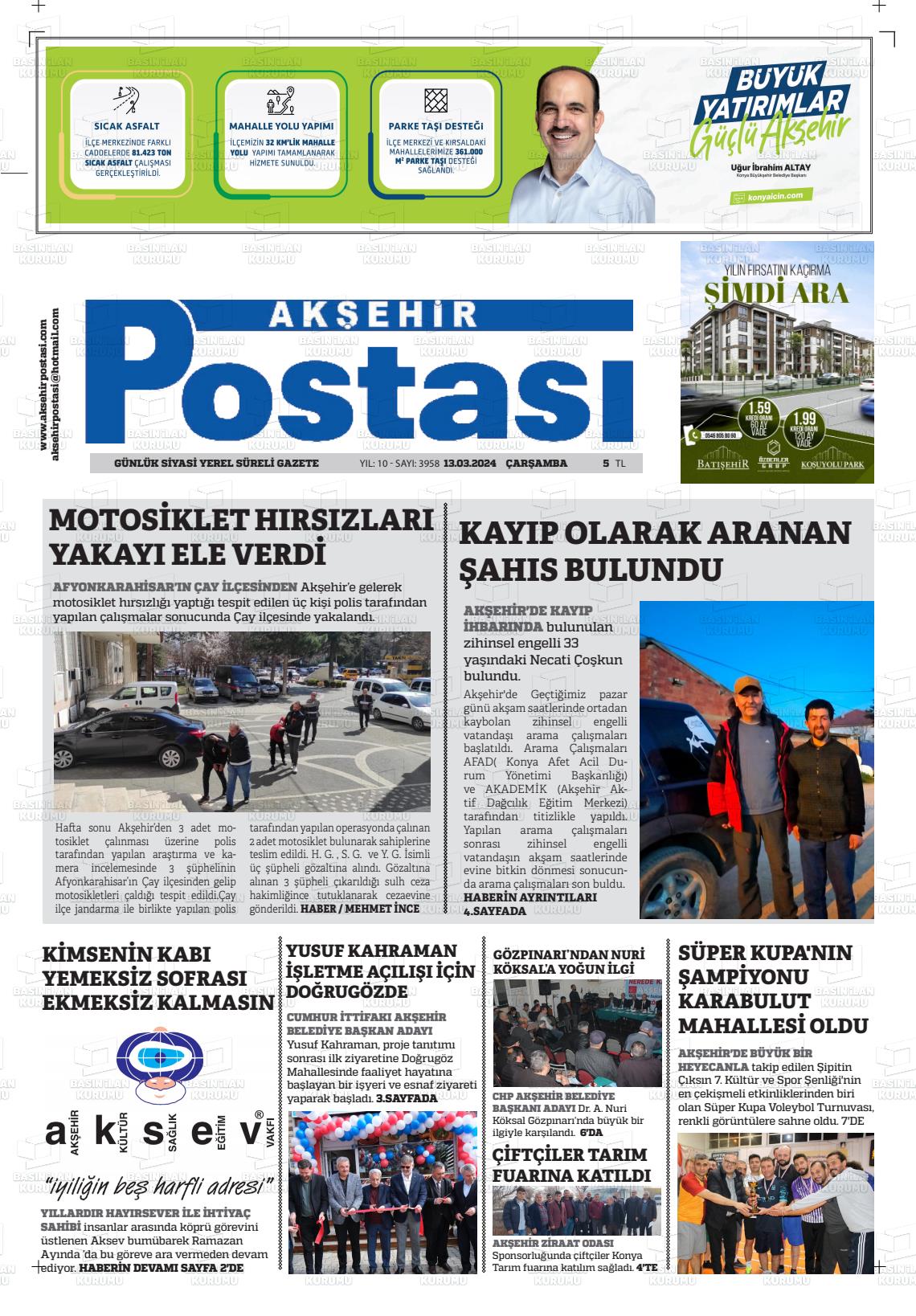 13 Mart 2024 Akşehir Postasi Gazete Manşeti