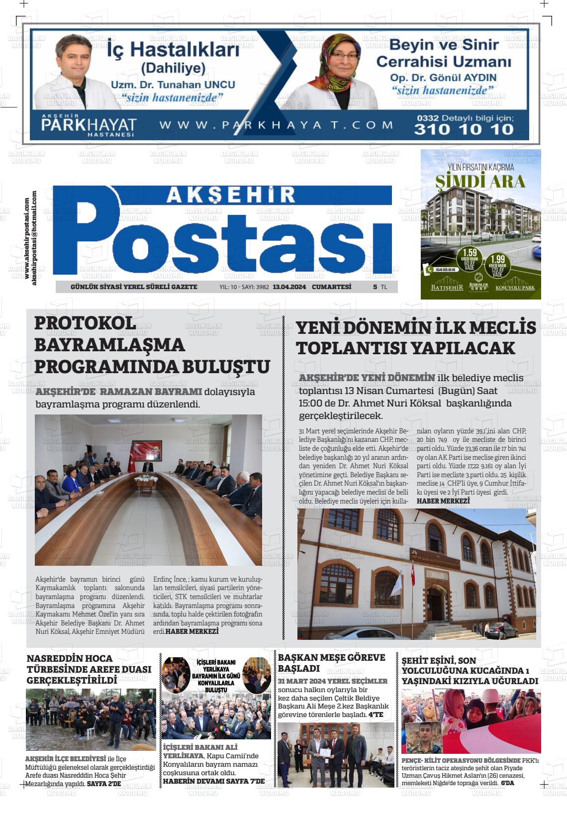 13 Nisan 2024 Akşehir Postasi Gazete Manşeti