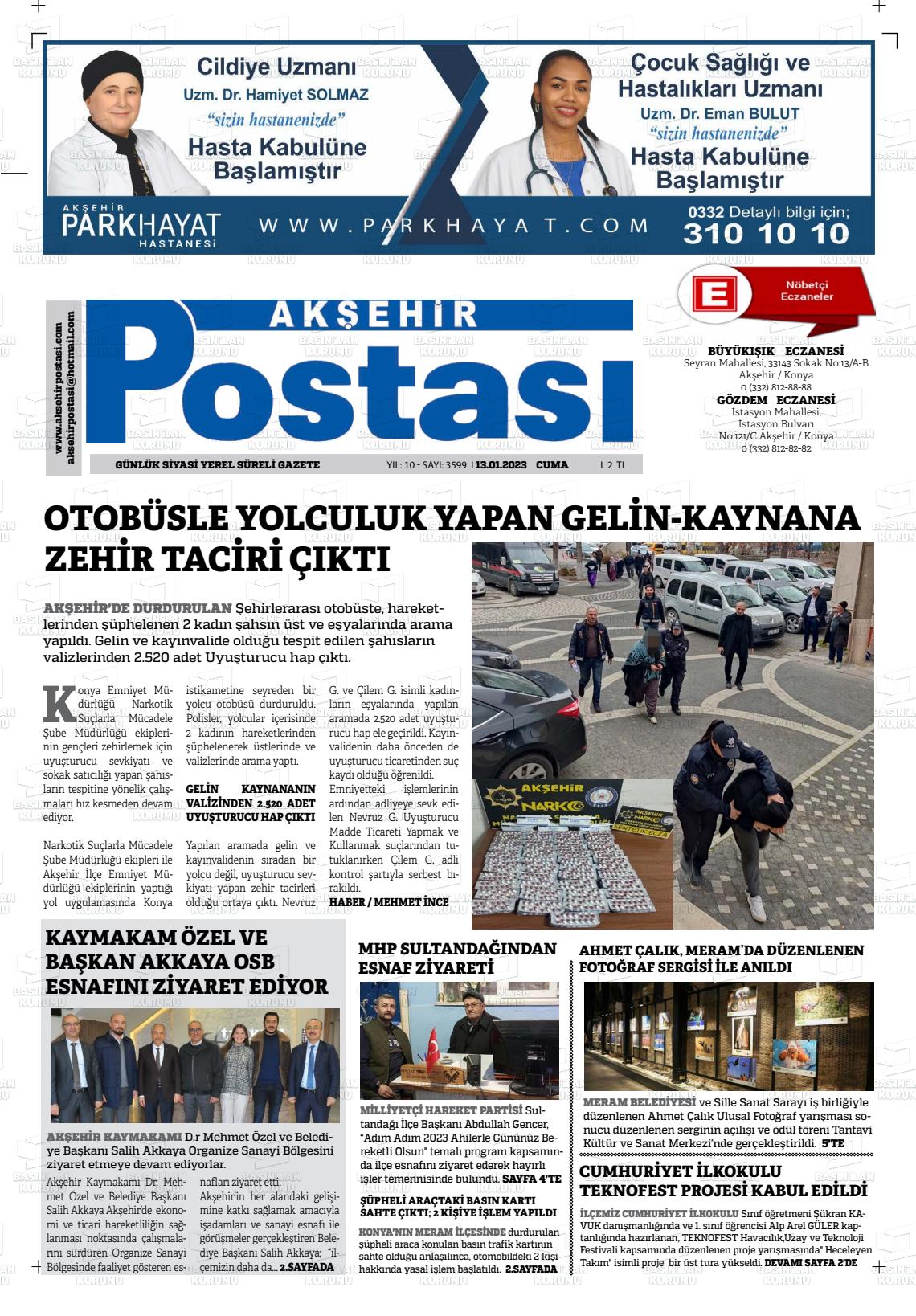 13 Ocak 2023 Akşehir Postasi Gazete Manşeti