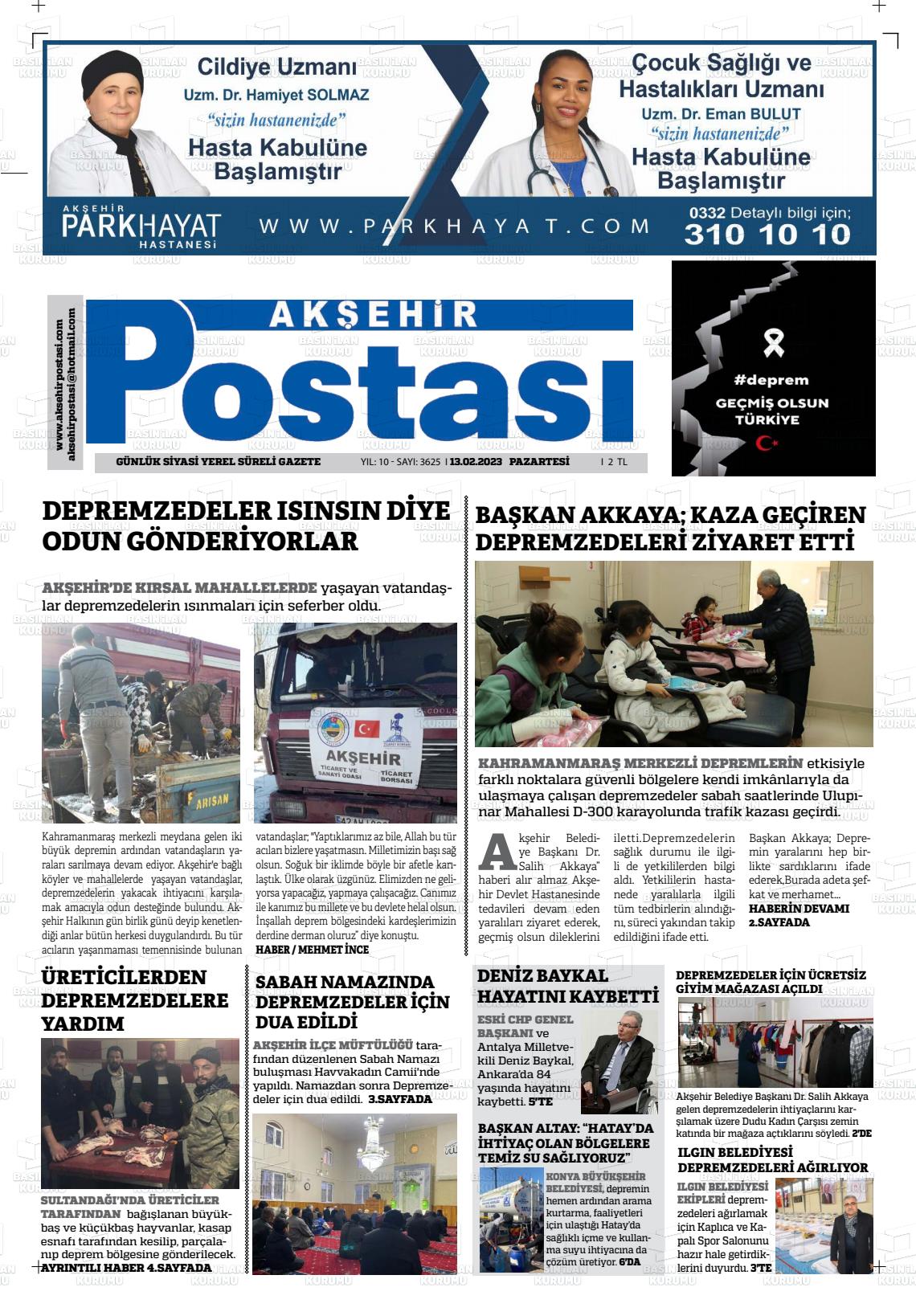 13 Nisan 2023 Akşehir Postasi Gazete Manşeti