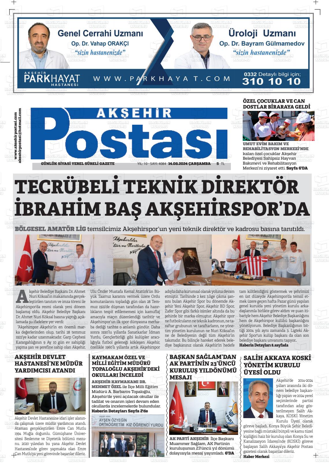 14 Ağustos 2024 Akşehir Postasi Gazete Manşeti