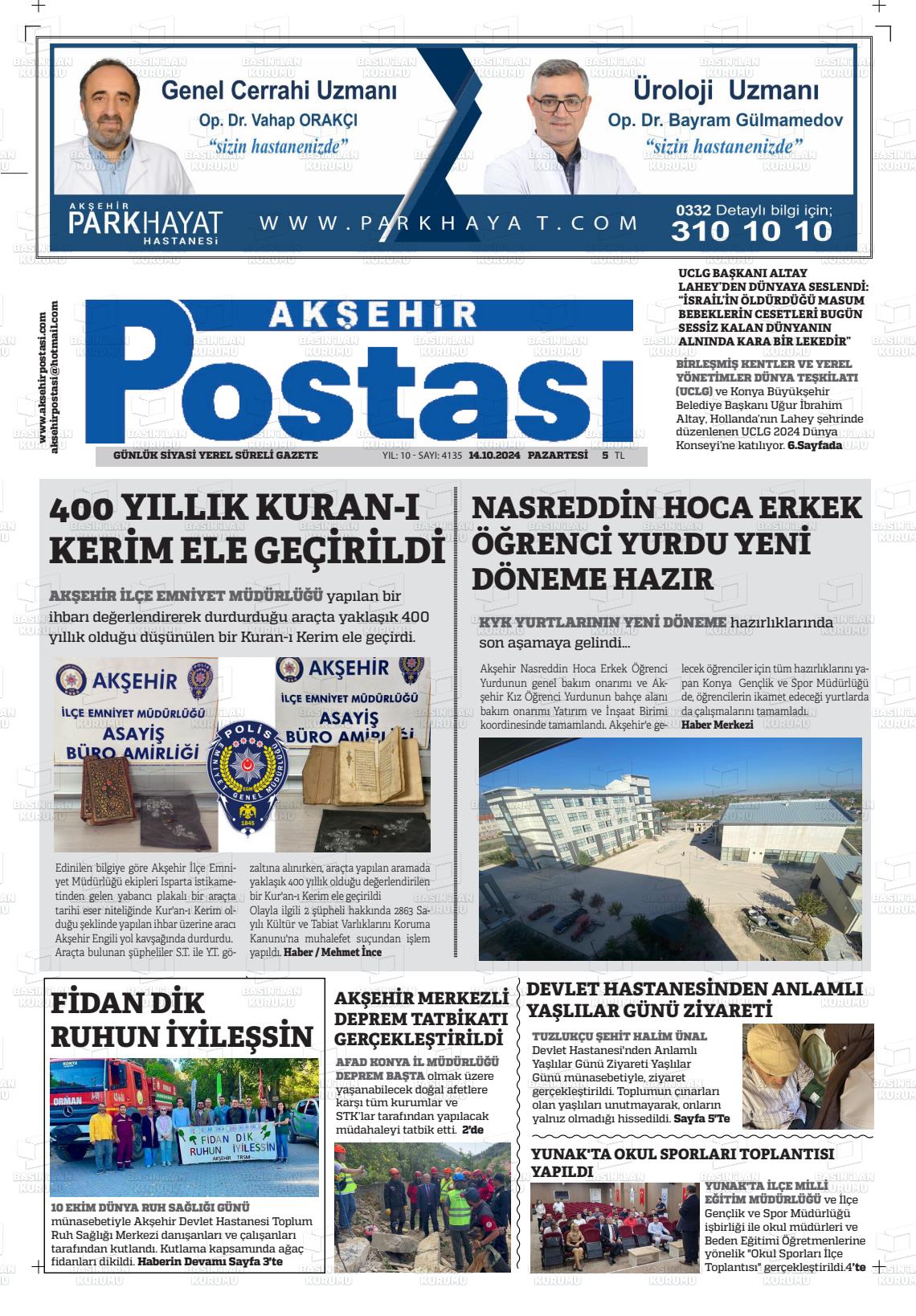 14 Ekim 2024 Akşehir Postasi Gazete Manşeti