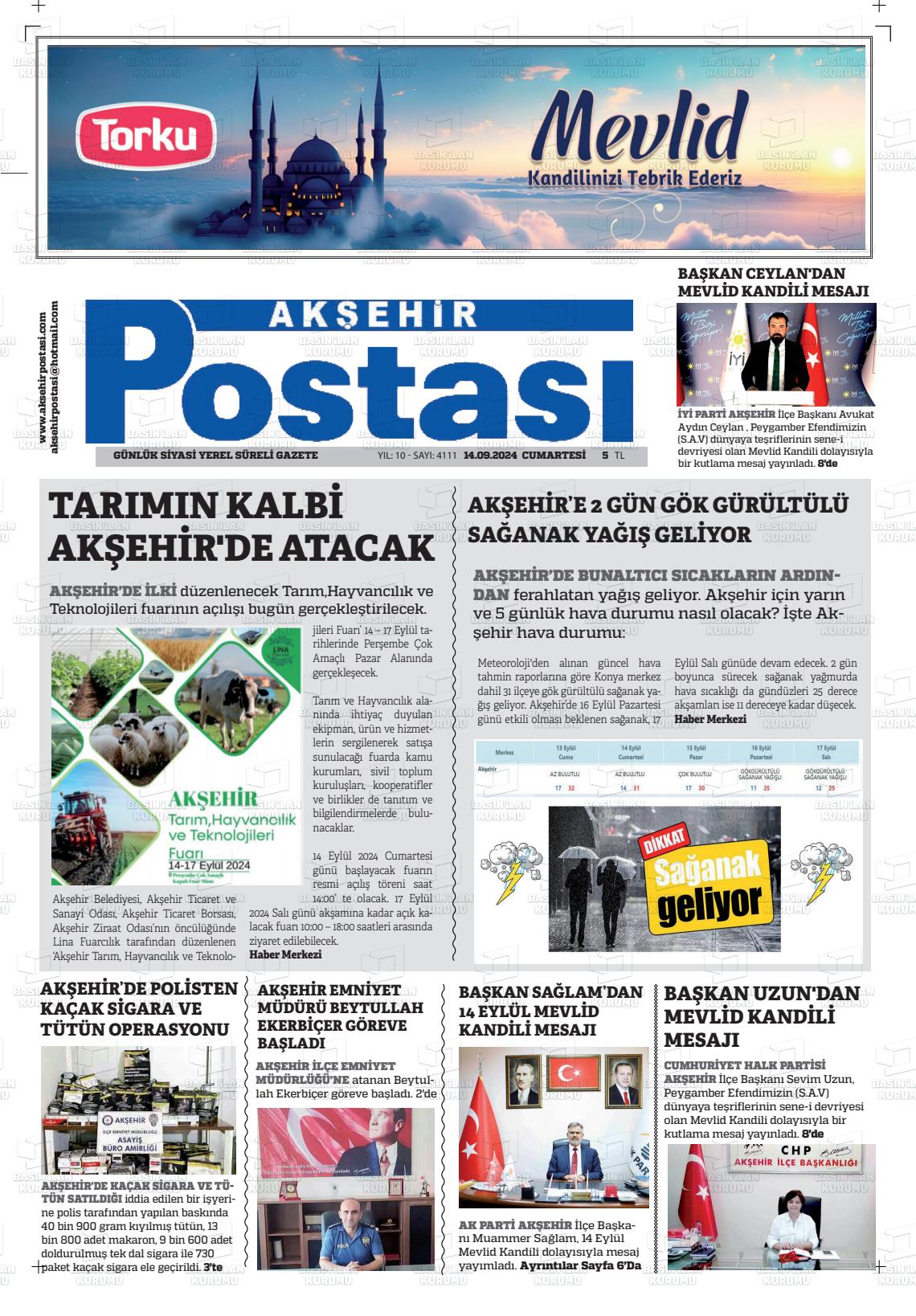 14 Eylül 2024 Akşehir Postasi Gazete Manşeti