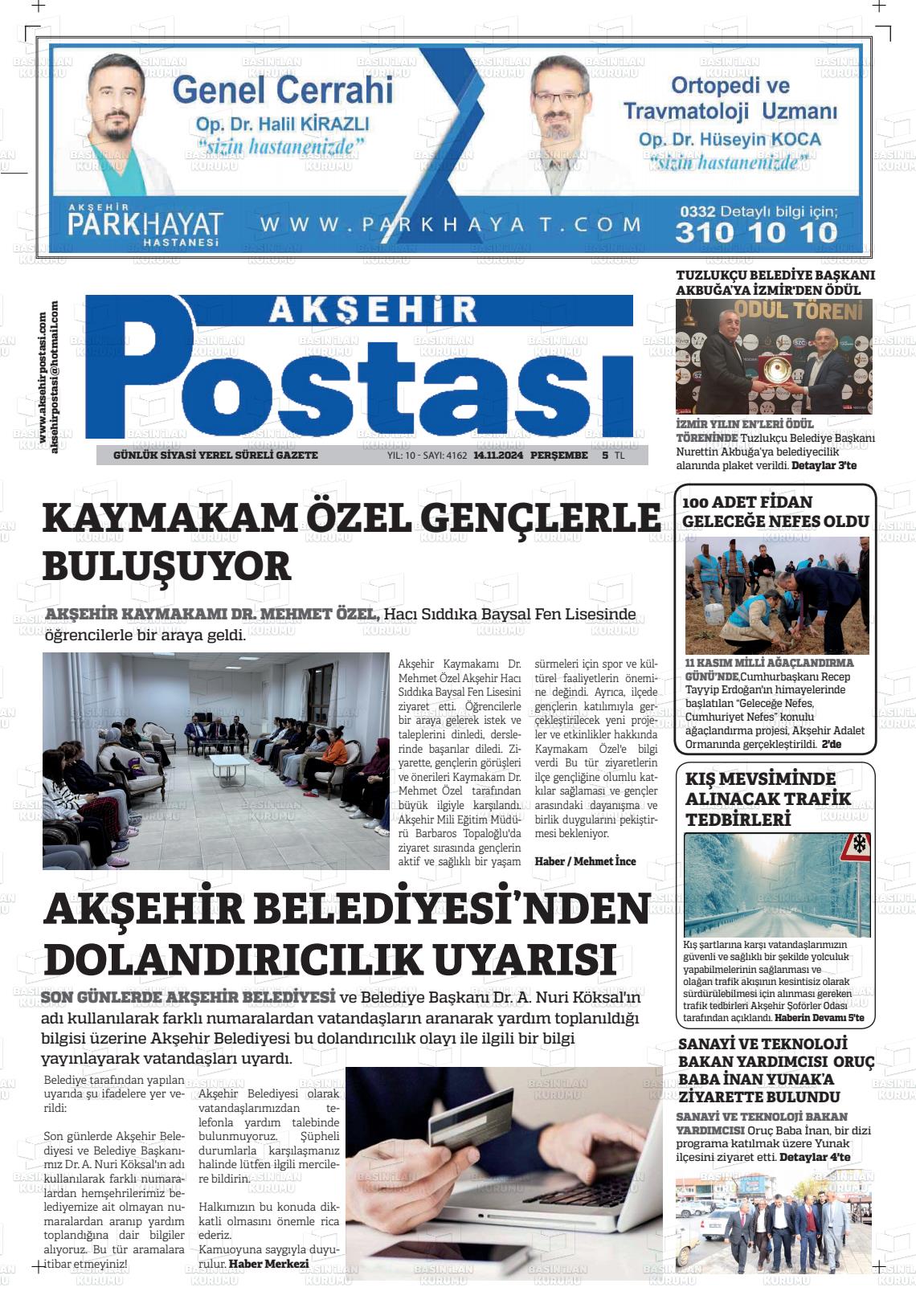 14 Kasım 2024 Akşehir Postasi Gazete Manşeti