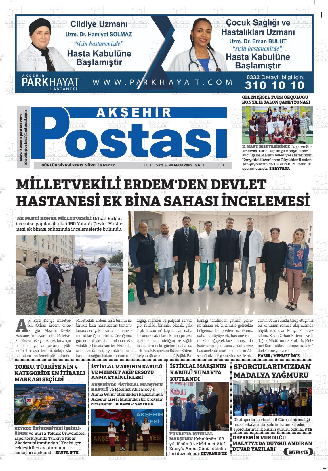 14 Mart 2023 Akşehir Postasi Gazete Manşeti