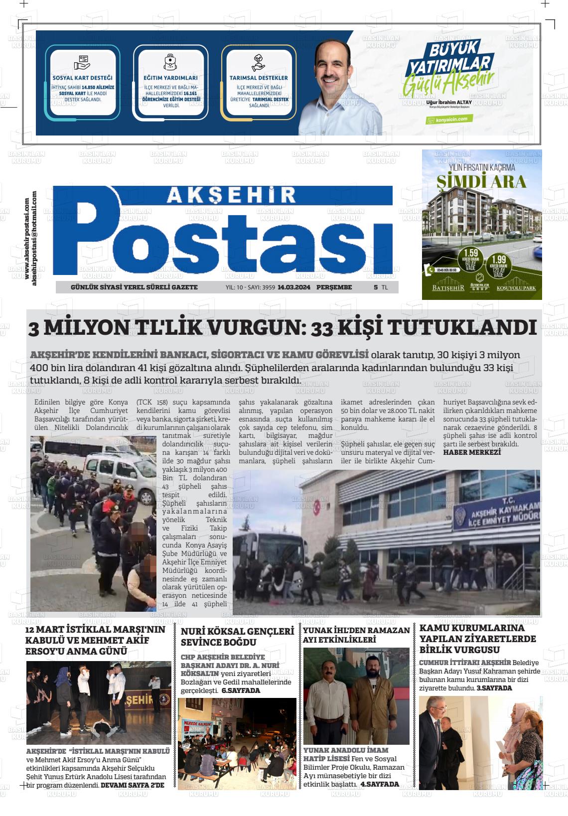 14 Mart 2024 Akşehir Postasi Gazete Manşeti