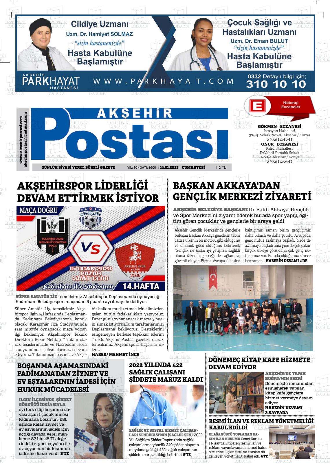 14 Ocak 2023 Akşehir Postasi Gazete Manşeti