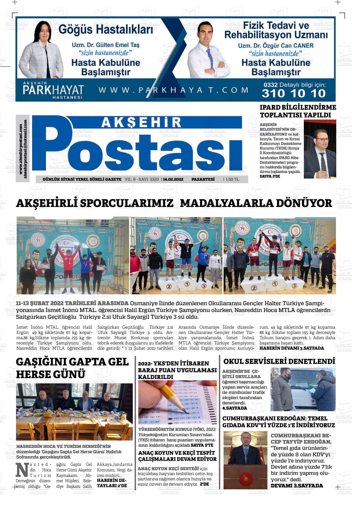 14 Nisan 2022 Akşehir Postasi Gazete Manşeti