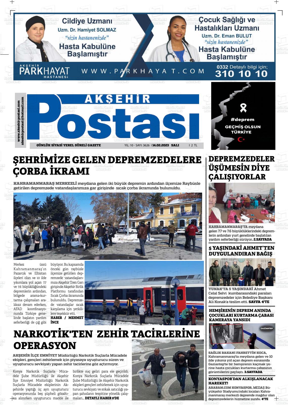 14 Nisan 2023 Akşehir Postasi Gazete Manşeti