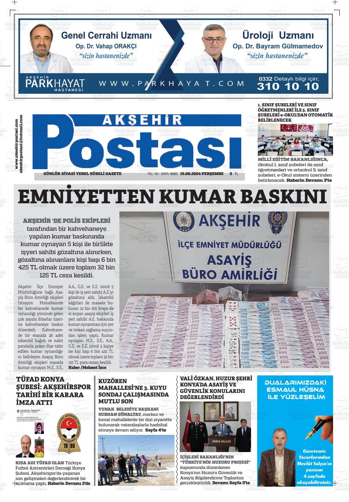 15 Ağustos 2024 Akşehir Postasi Gazete Manşeti