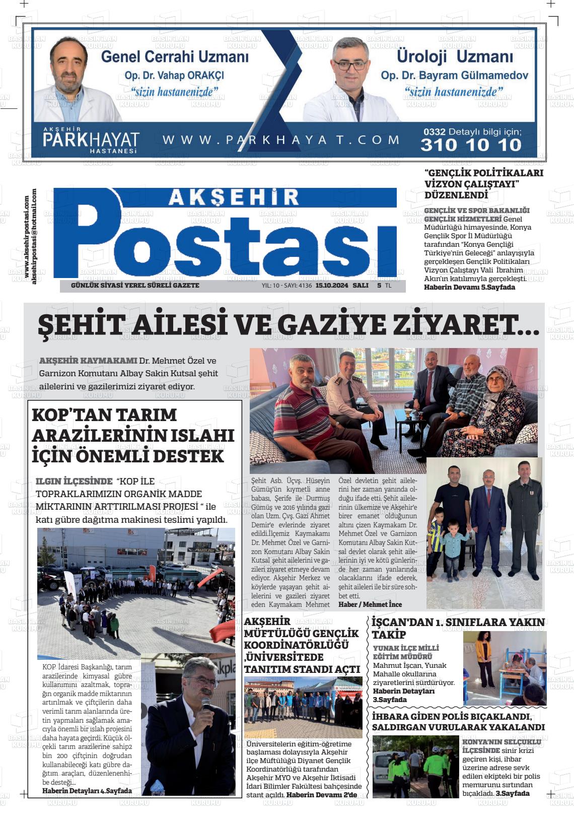 15 Ekim 2024 Akşehir Postasi Gazete Manşeti