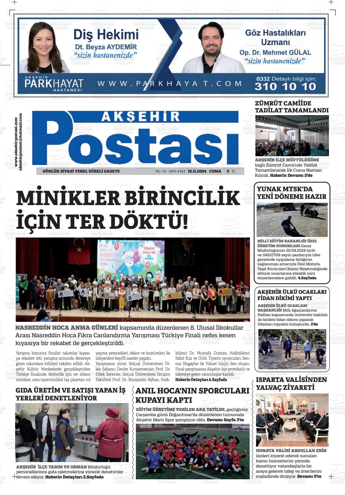 15 Kasım 2024 Akşehir Postasi Gazete Manşeti