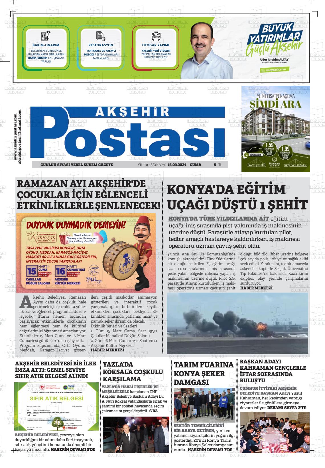 15 Mart 2024 Akşehir Postasi Gazete Manşeti