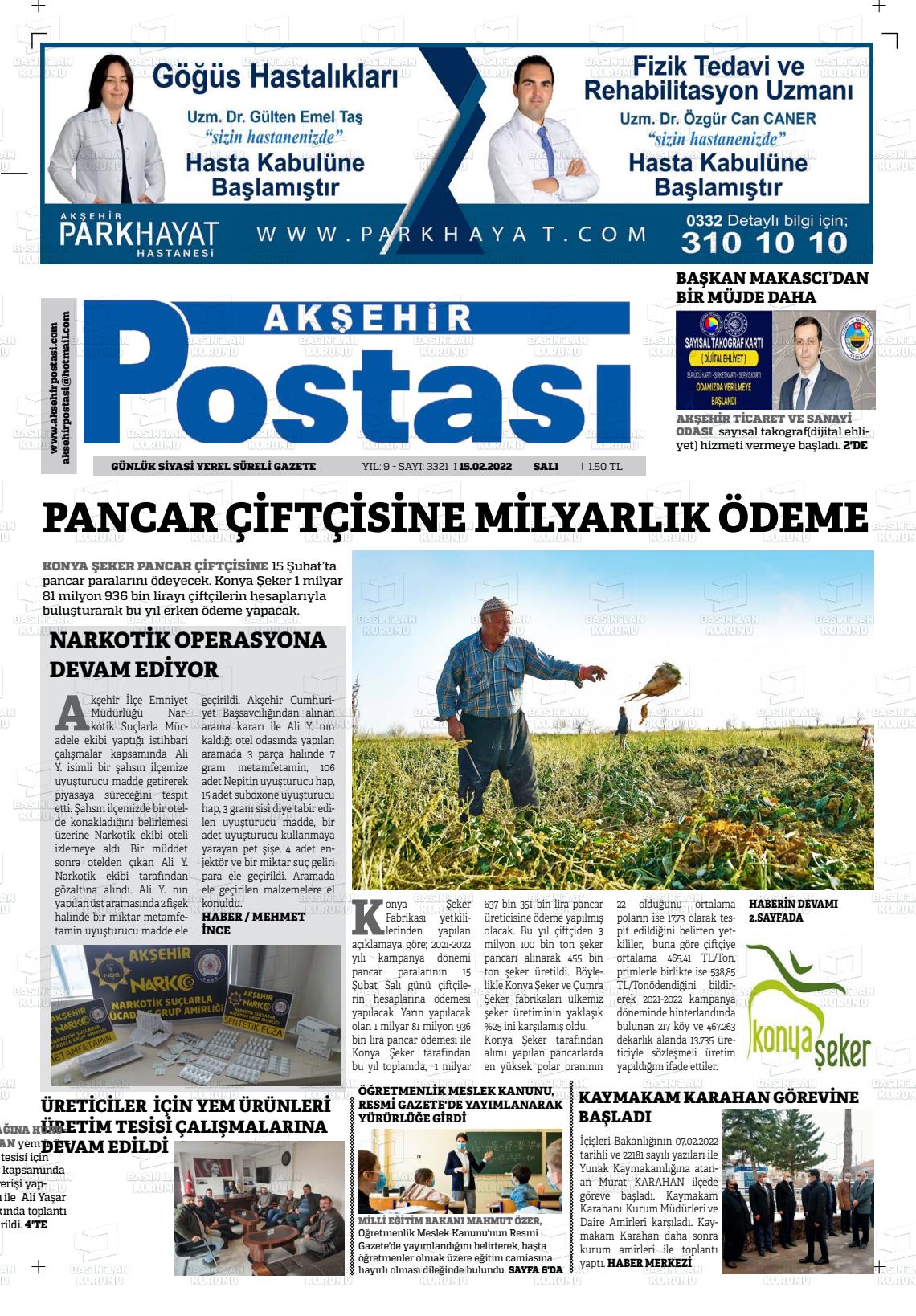 15 Şubat 2022 Akşehir Postasi Gazete Manşeti