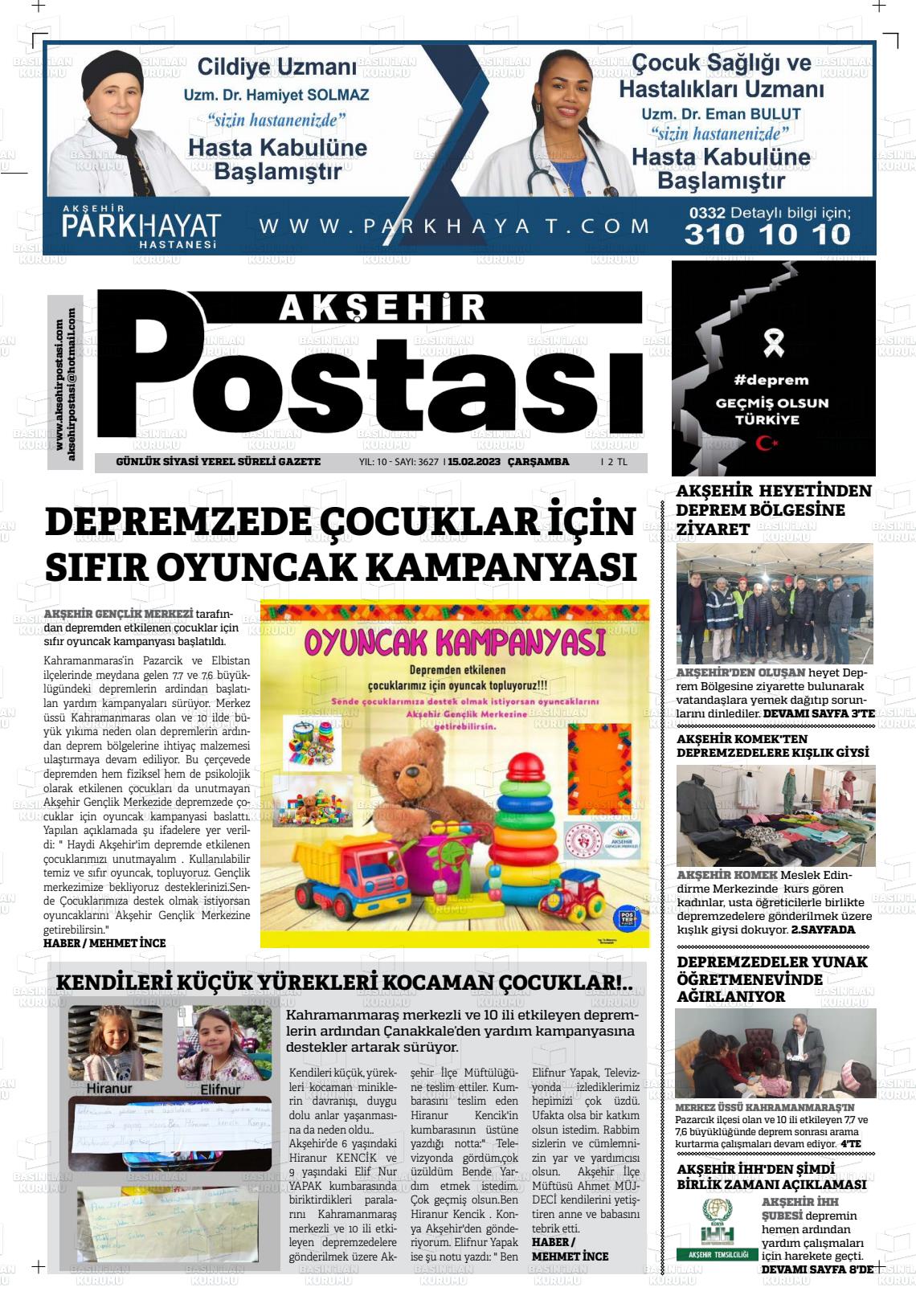 15 Nisan 2023 Akşehir Postasi Gazete Manşeti