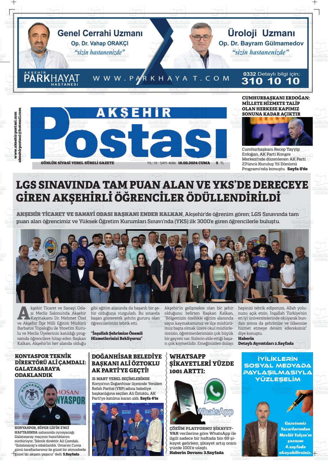 16 Ağustos 2024 Akşehir Postasi Gazete Manşeti