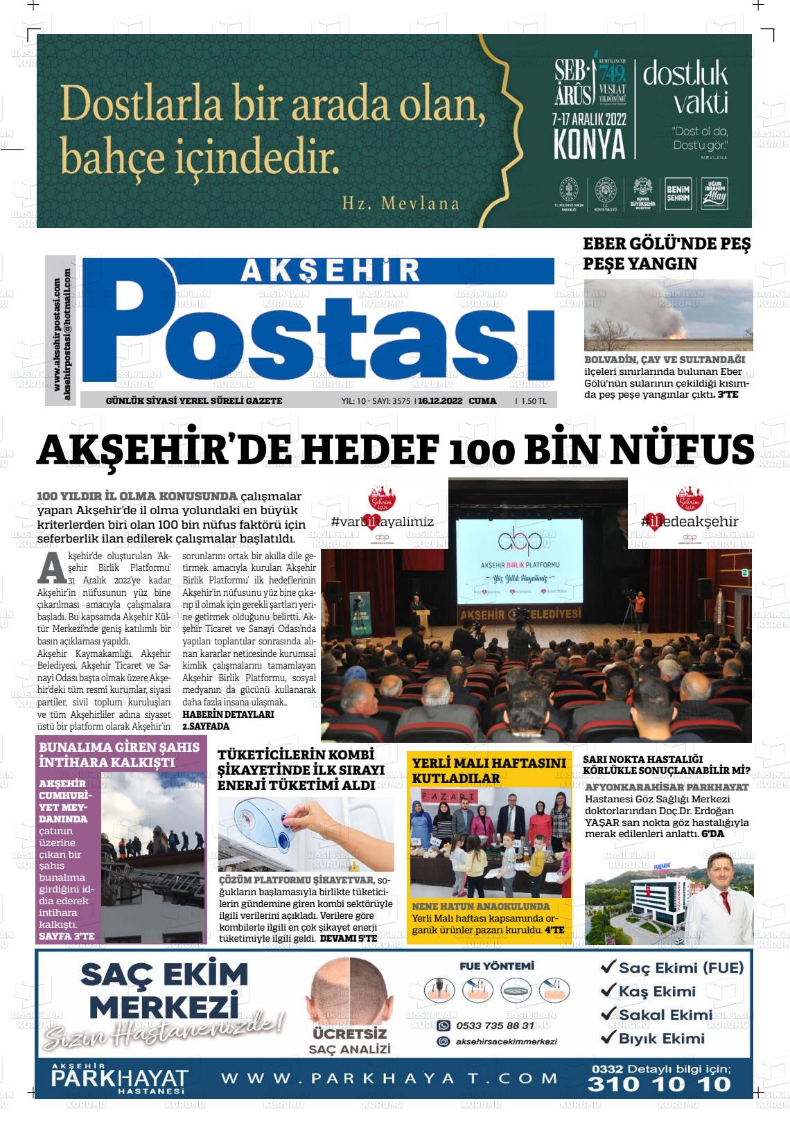 16 Aralık 2022 Akşehir Postasi Gazete Manşeti