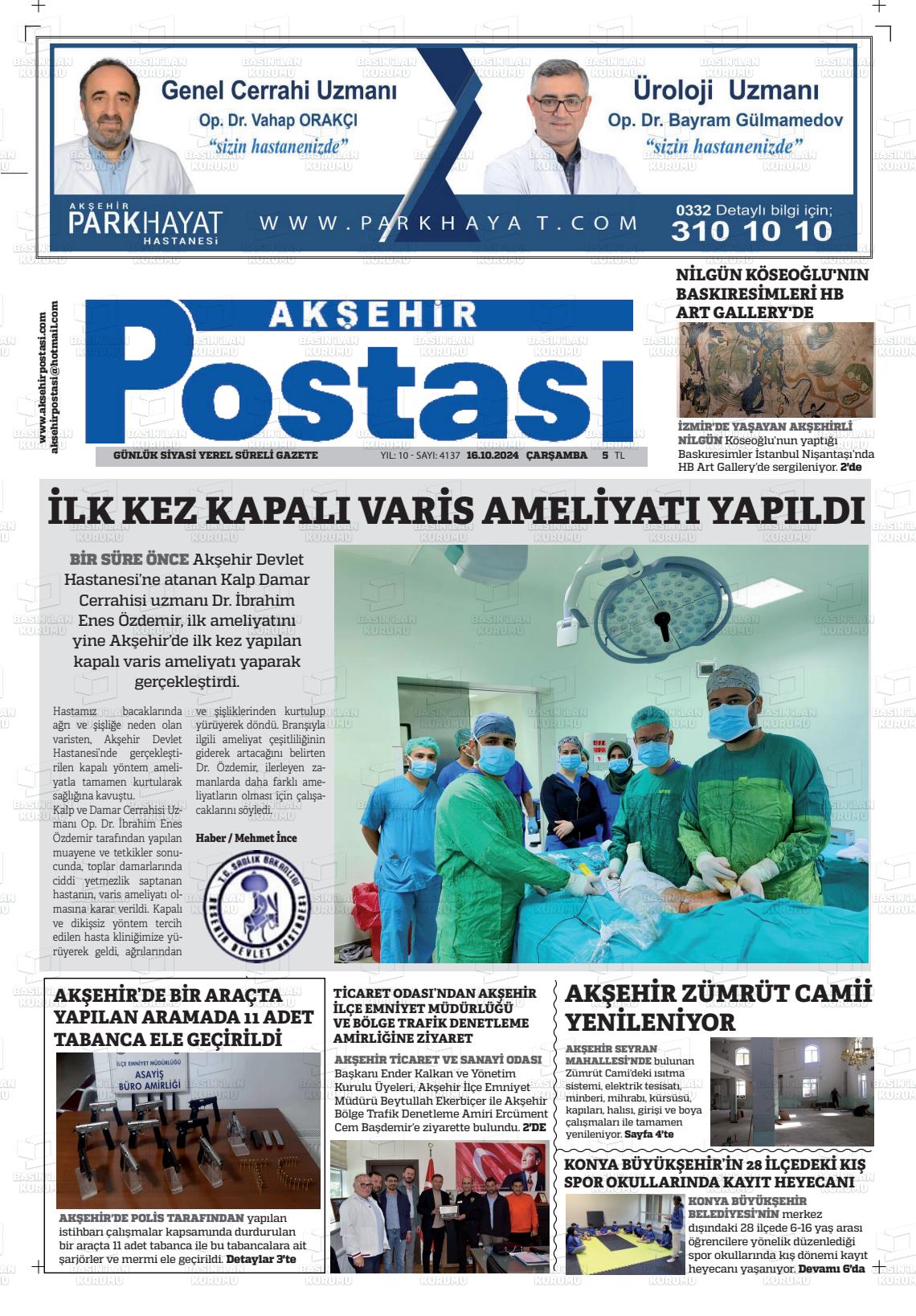 16 Ekim 2024 Akşehir Postasi Gazete Manşeti