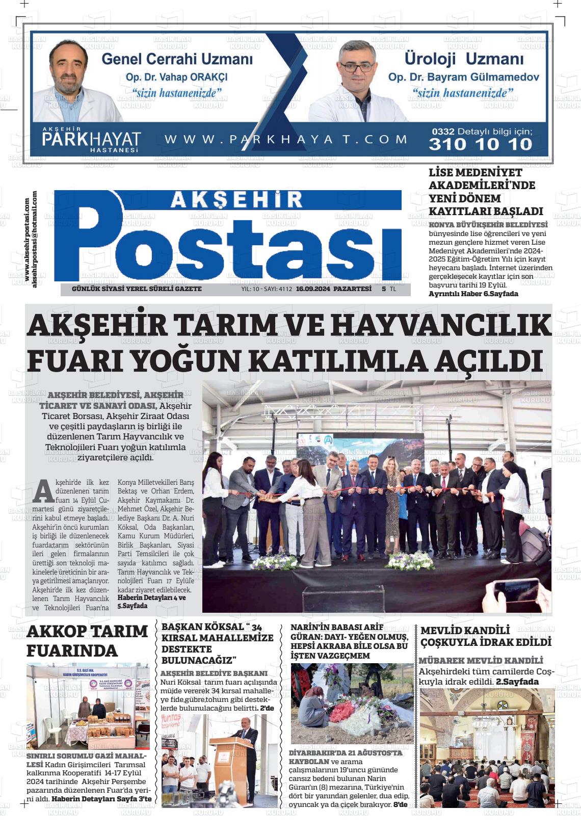 16 Eylül 2024 Akşehir Postasi Gazete Manşeti