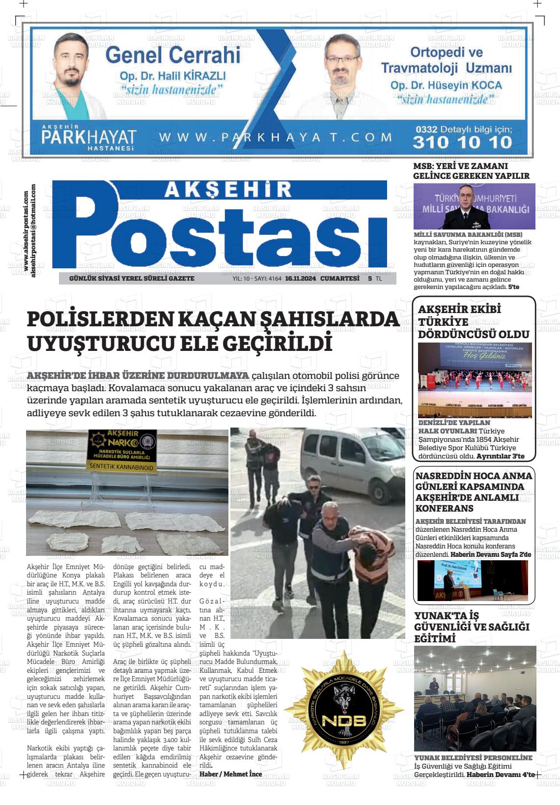 16 Kasım 2024 Akşehir Postasi Gazete Manşeti