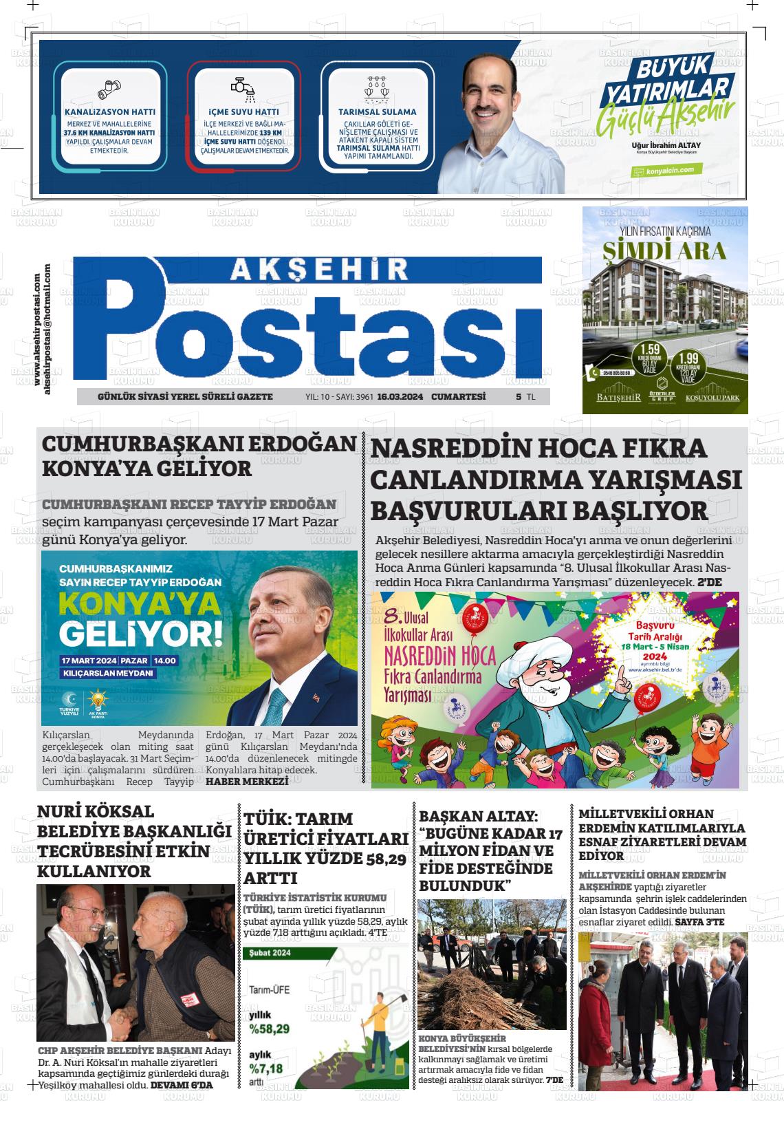 16 Mart 2024 Akşehir Postasi Gazete Manşeti