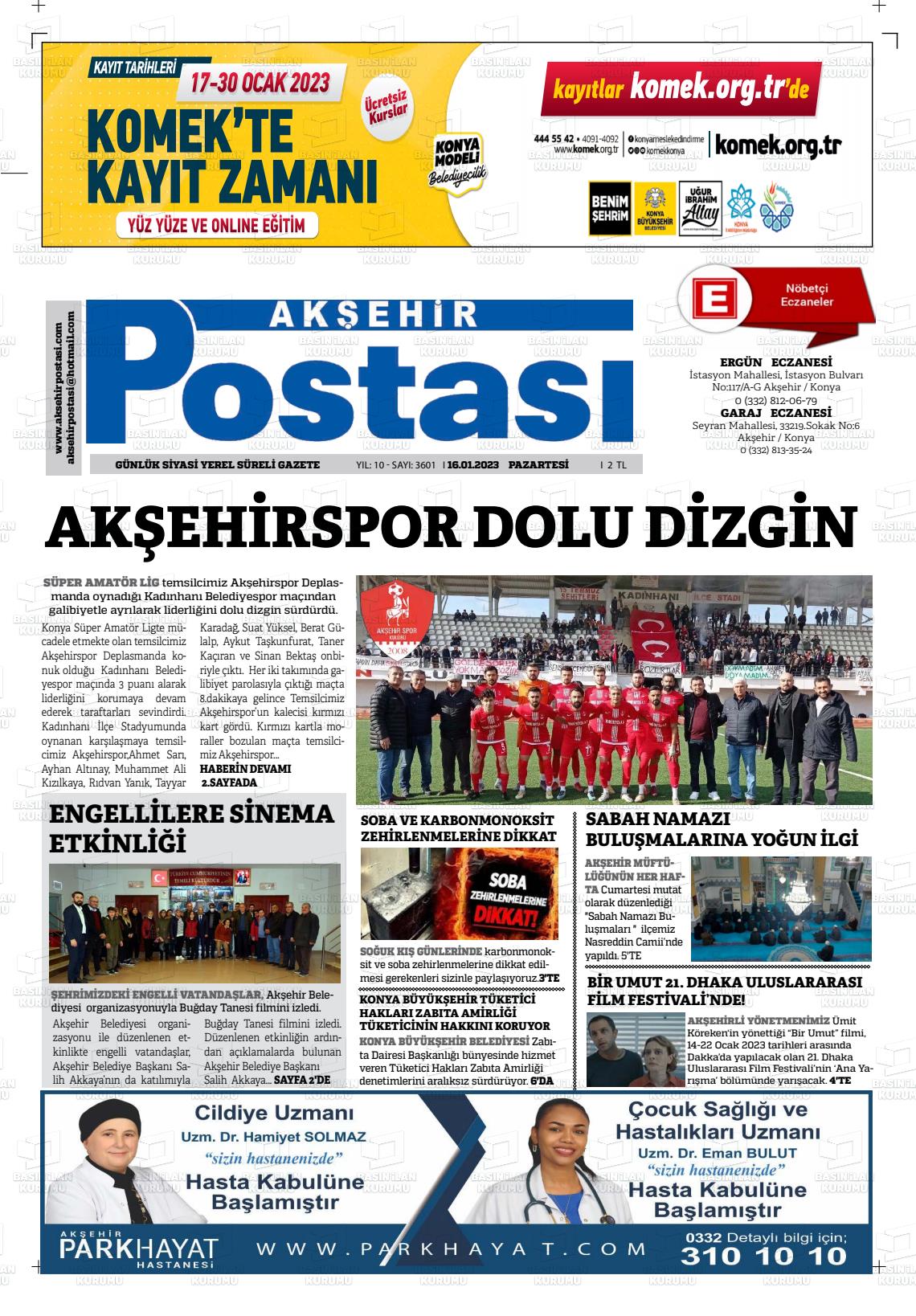 16 Ocak 2023 Akşehir Postasi Gazete Manşeti