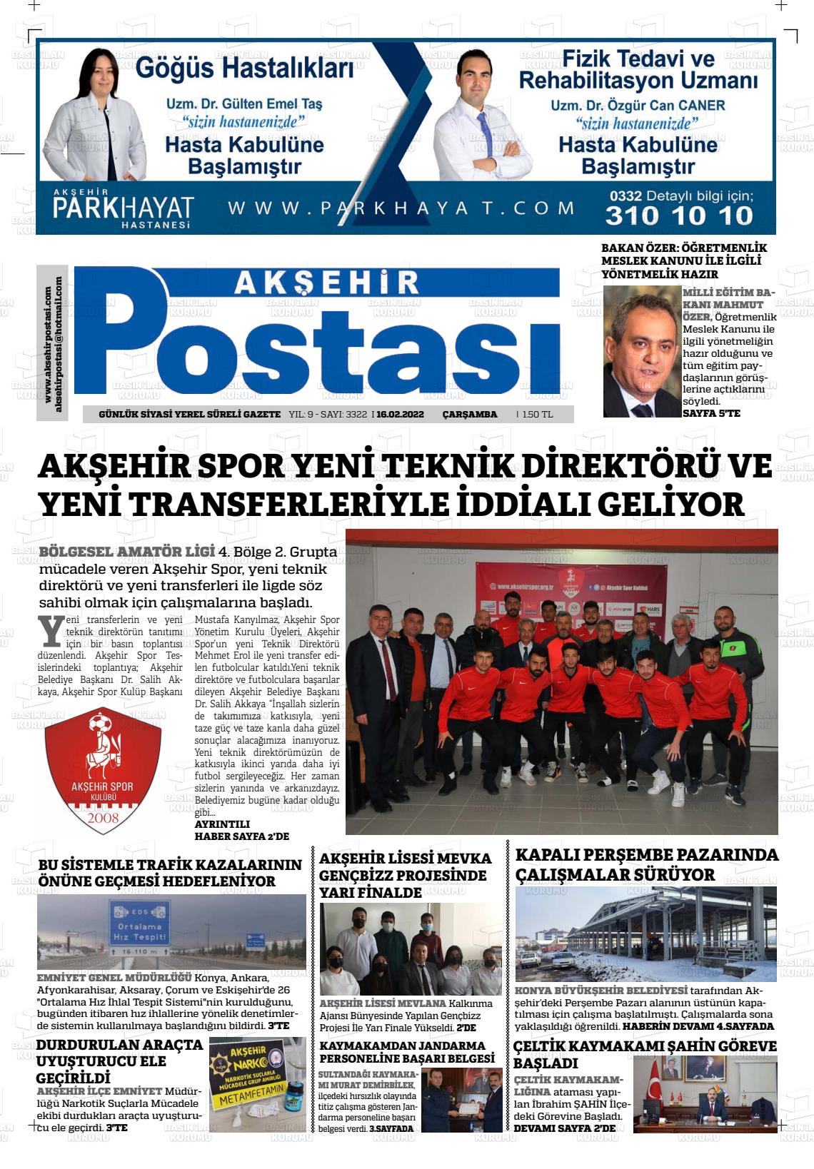 16 Şubat 2022 Akşehir Postasi Gazete Manşeti