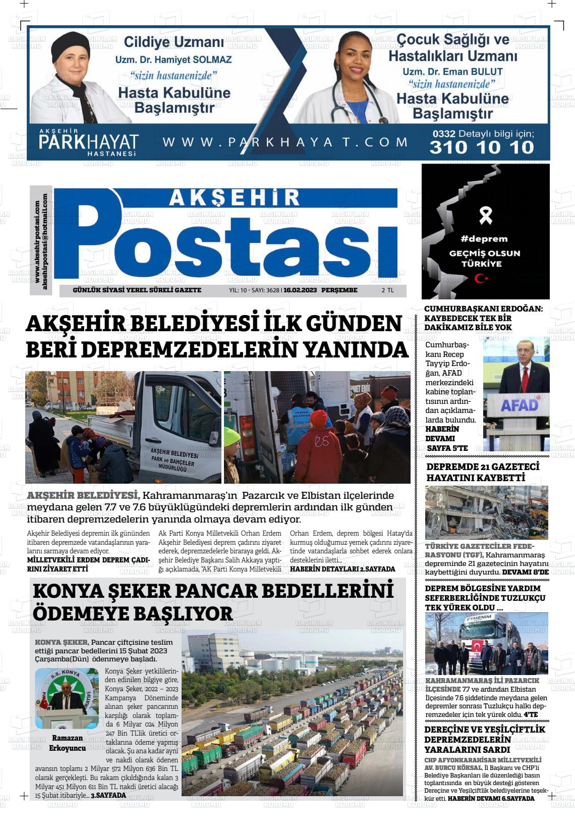 16 Şubat 2023 Akşehir Postasi Gazete Manşeti