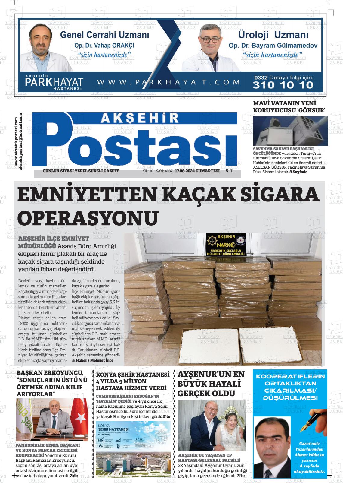 17 Ağustos 2024 Akşehir Postasi Gazete Manşeti