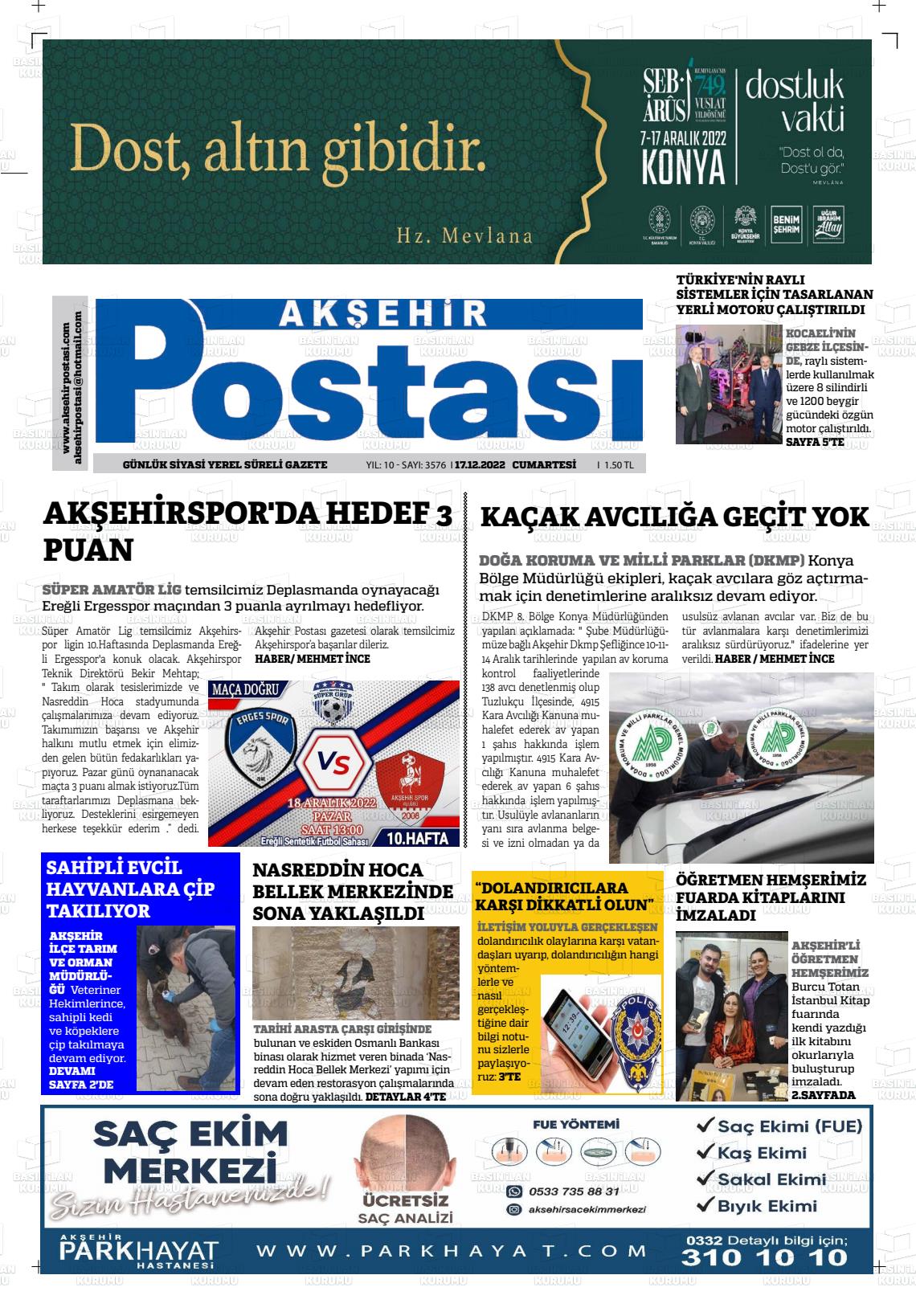 17 Aralık 2022 Akşehir Postasi Gazete Manşeti