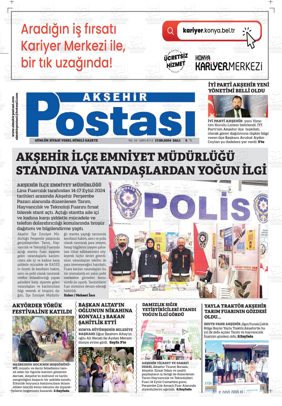 17 Eylül 2024 Akşehir Postasi Gazete Manşeti